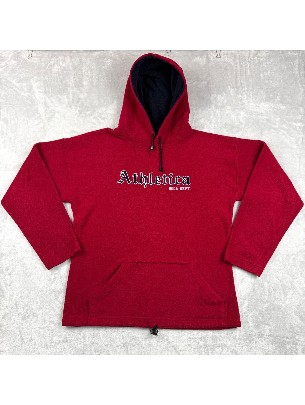 Vintage Boca Athletics Men Red Fleece Pullover Hoodie Spellout Graphic Y2K Skate
